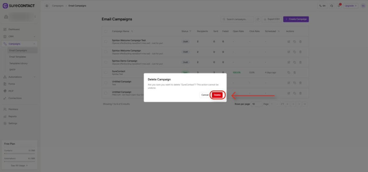 confirm delete campaign pop up on email marketing platform