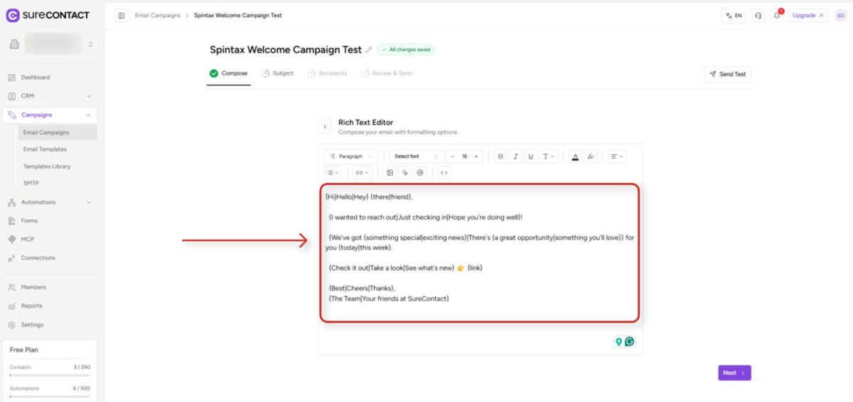 email campaign composition interface