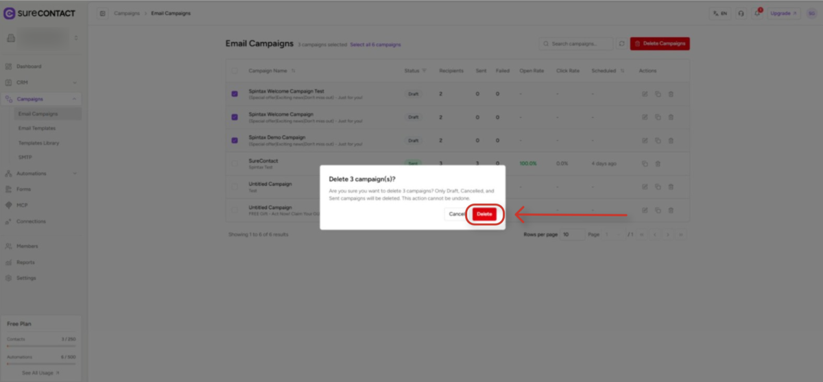 email campaign management interface with deletion confirmation