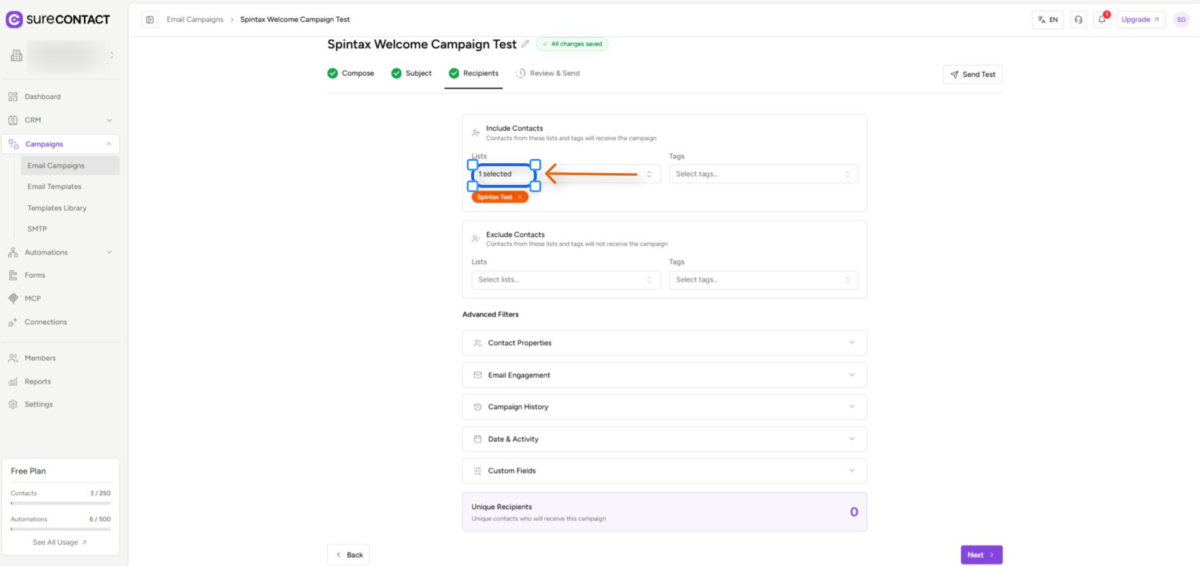 email campaign recipient configuration