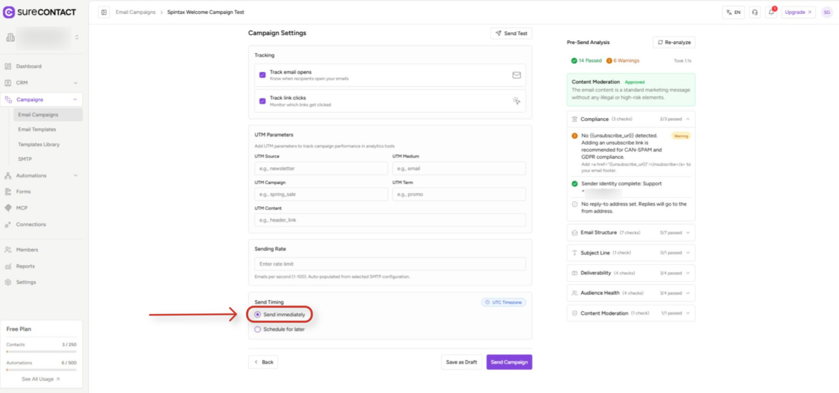 email campaign settings with pre send analysis