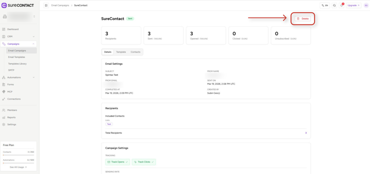email campaign statistics and settings interface