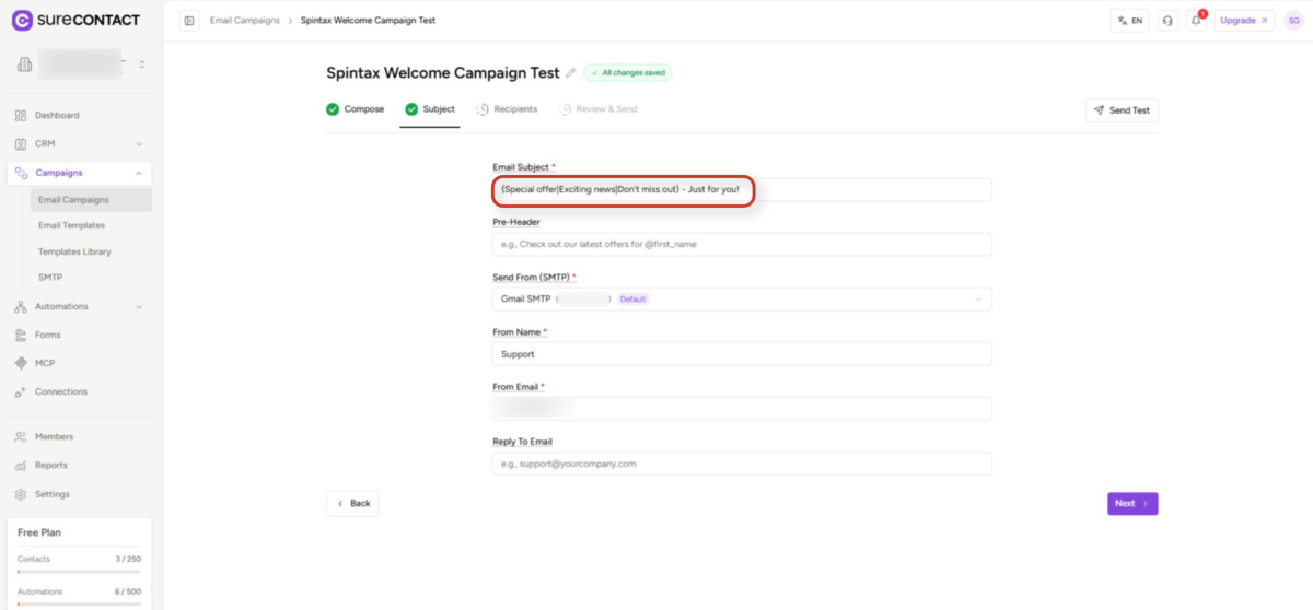 email campaign subject creation in surecontact