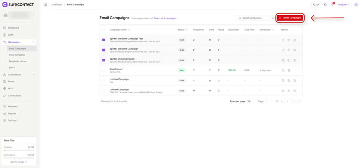 email campaigns interface