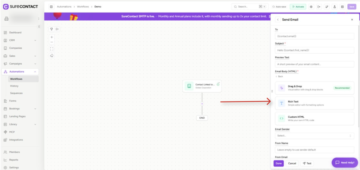 marketing automation workflow interface with email configuration sidebar