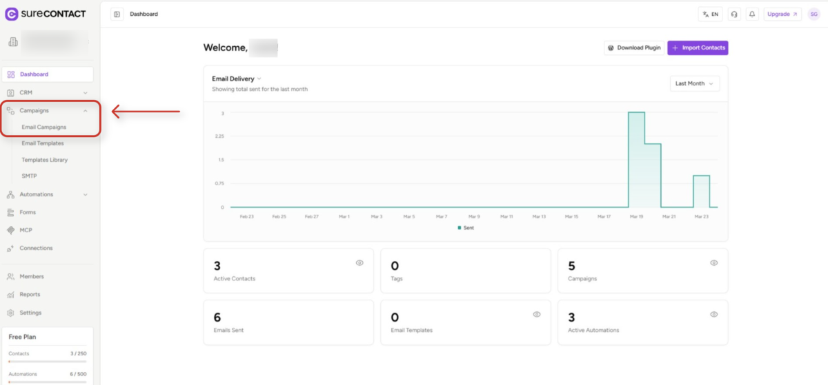screenshot of surecontact dashboard