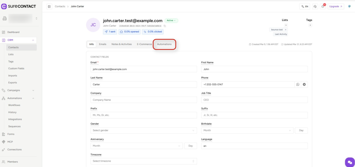 crm contact information management page