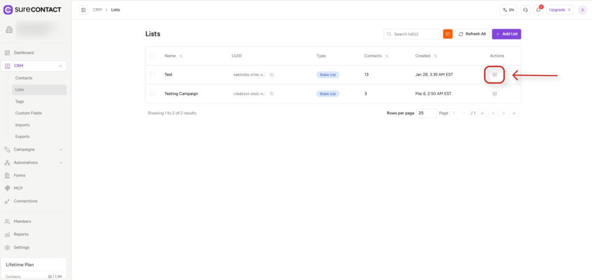 crm contact lists management dashboard