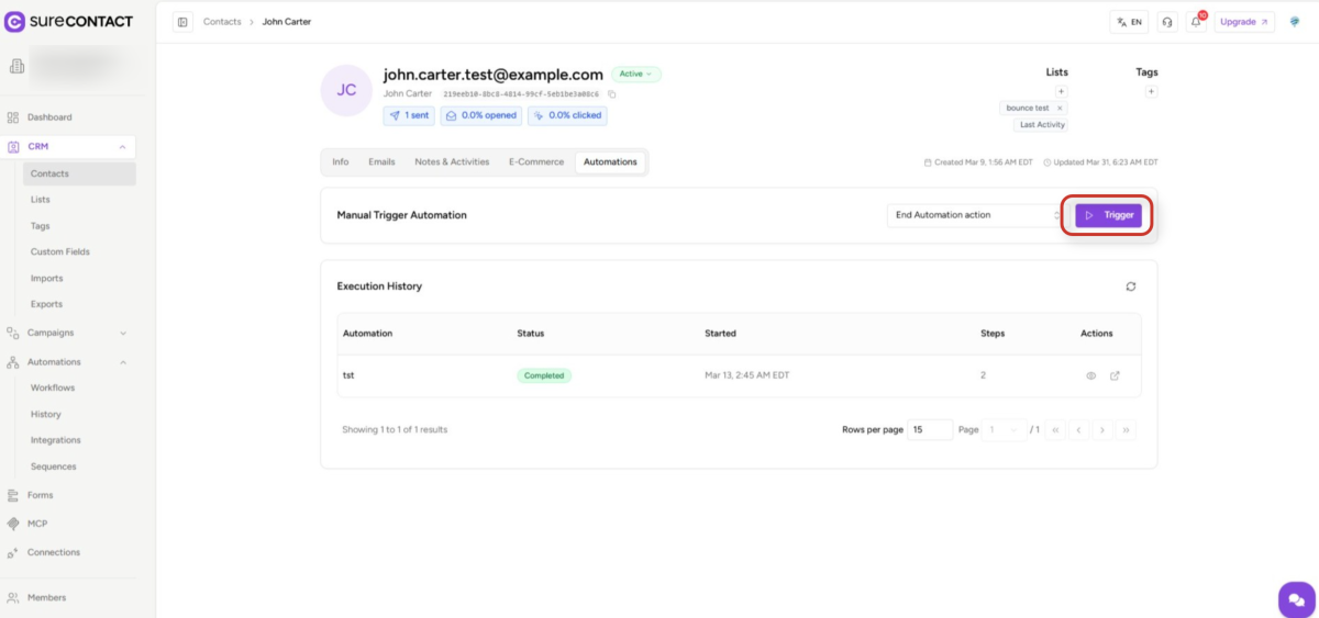 crm dashboard contact automations