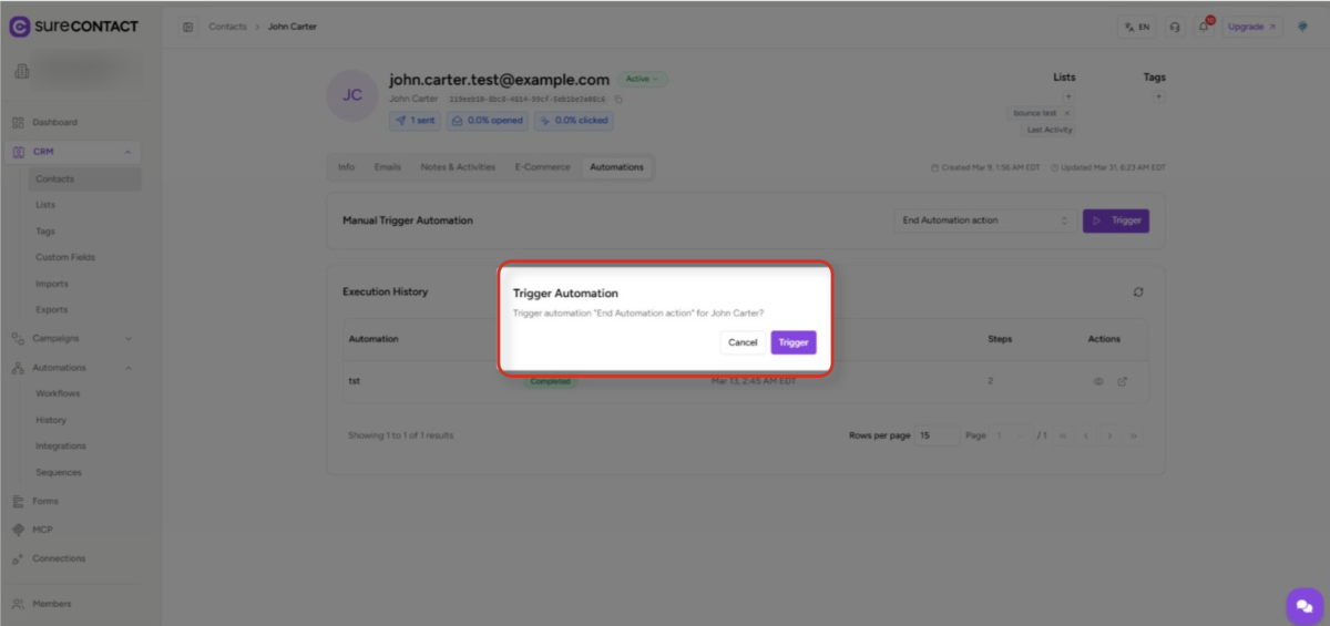 crm interface showing automation trigger confirmation dialog