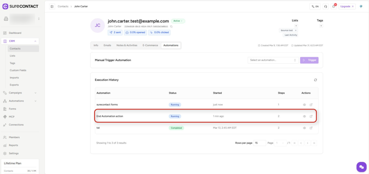 crm interface showing contact automation execution history
