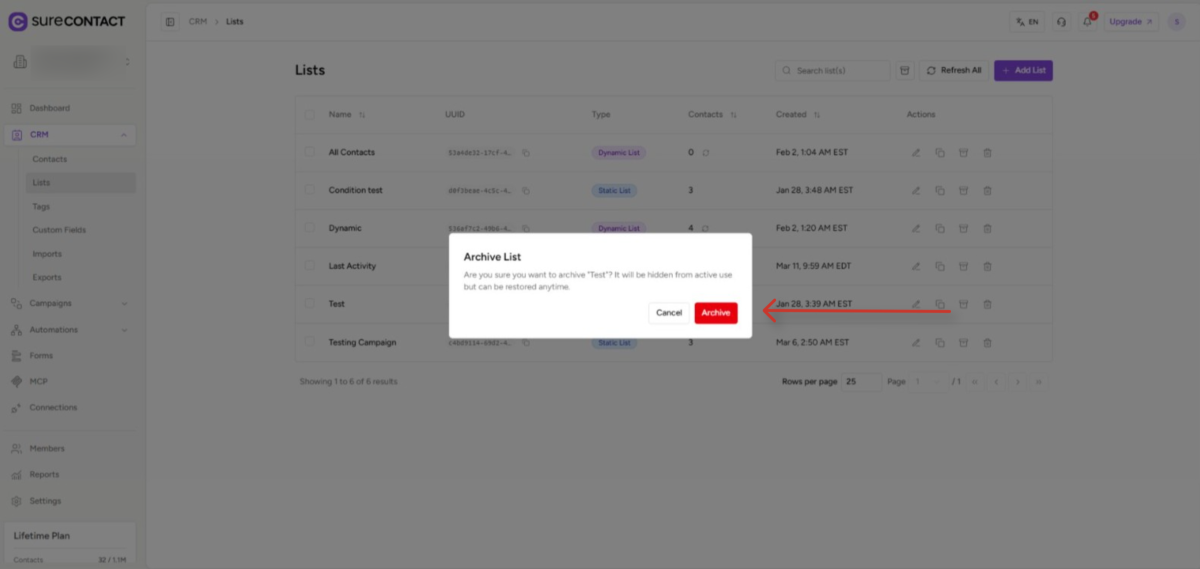 crm interface with archive list confirmation modal