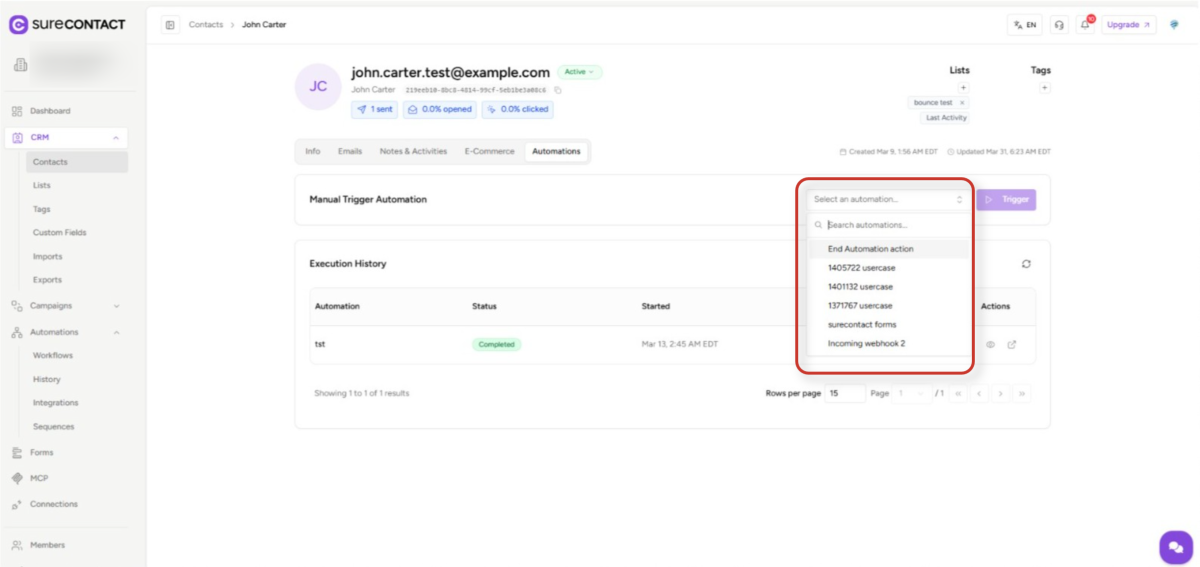 crm platform automations tab for contact profile