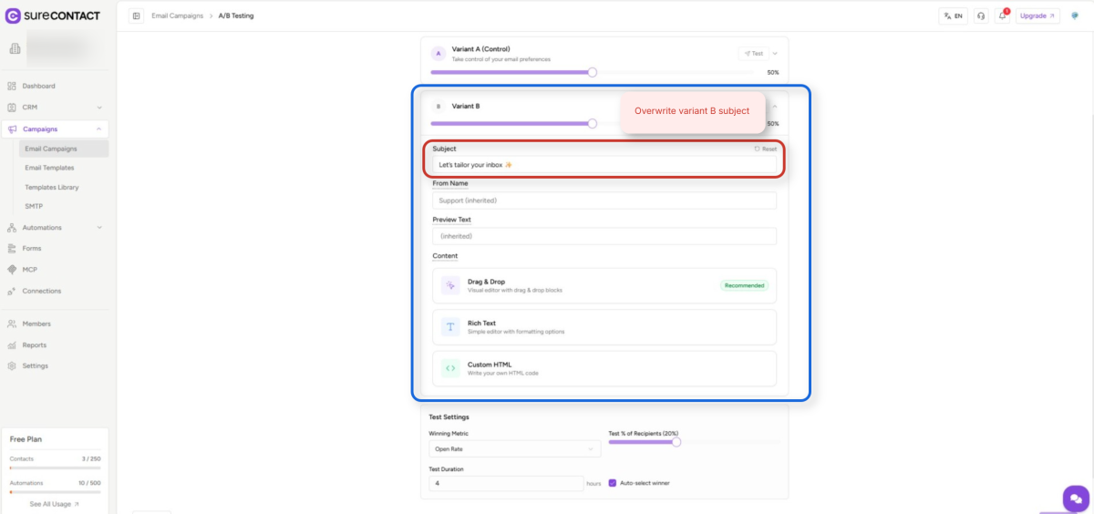 email campaign ab testing configuration dashboard
