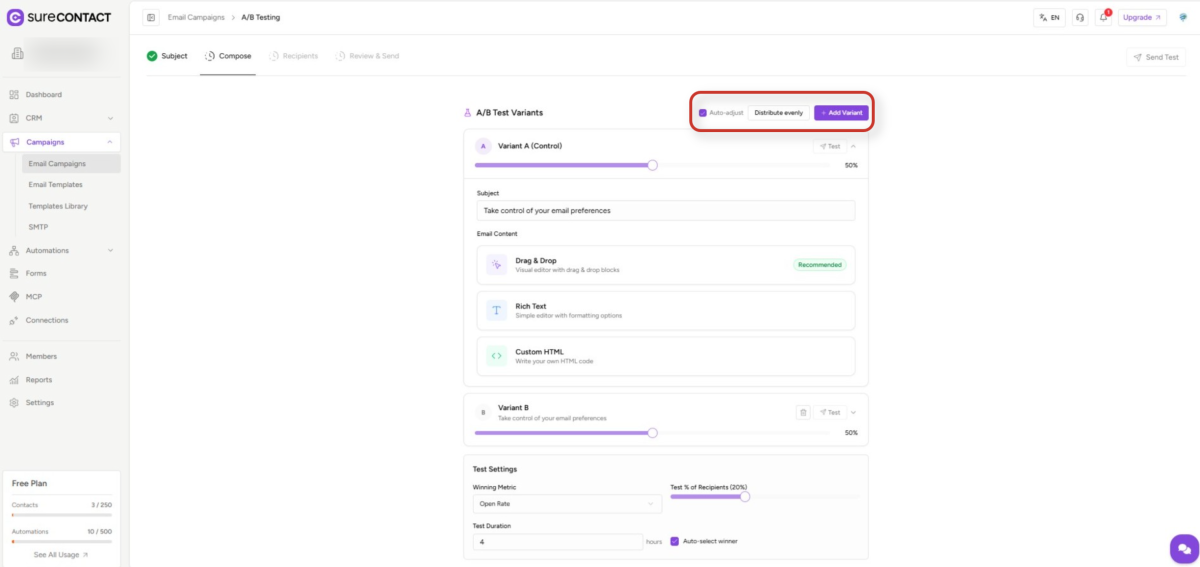 email campaign ab testing dashboard