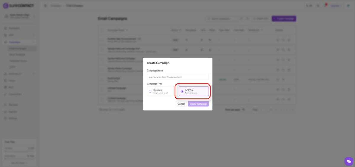email campaign creation modal