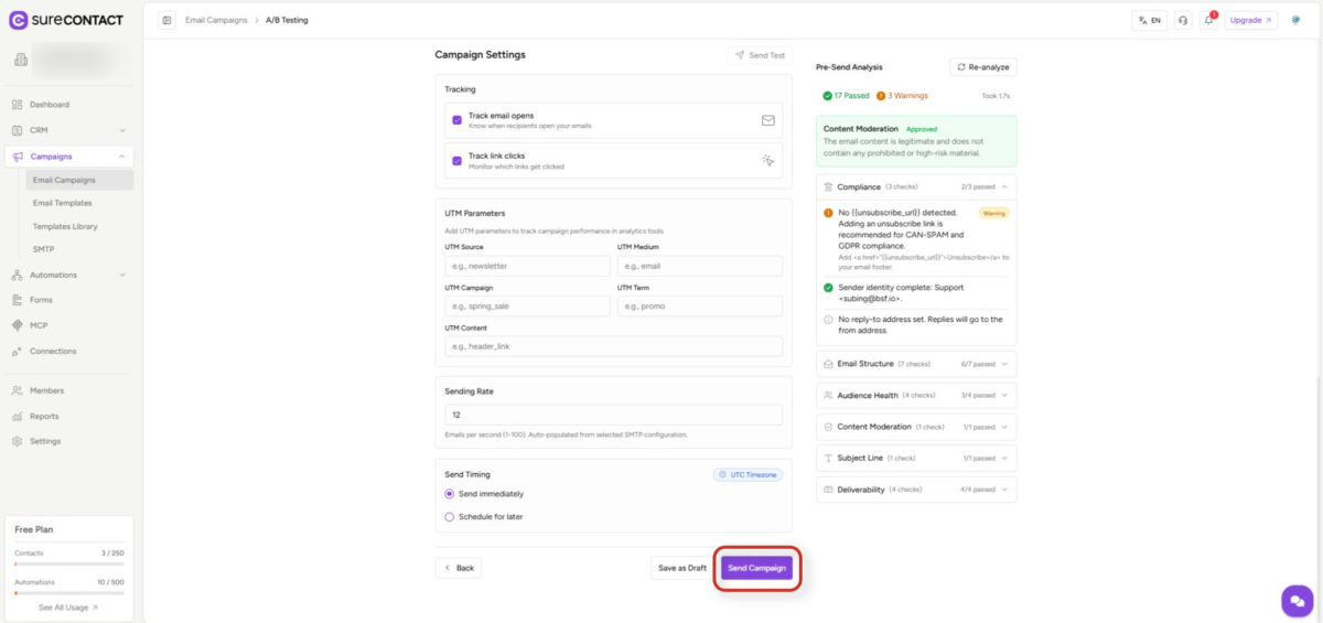 email campaign settings and pre send analysis dashboard