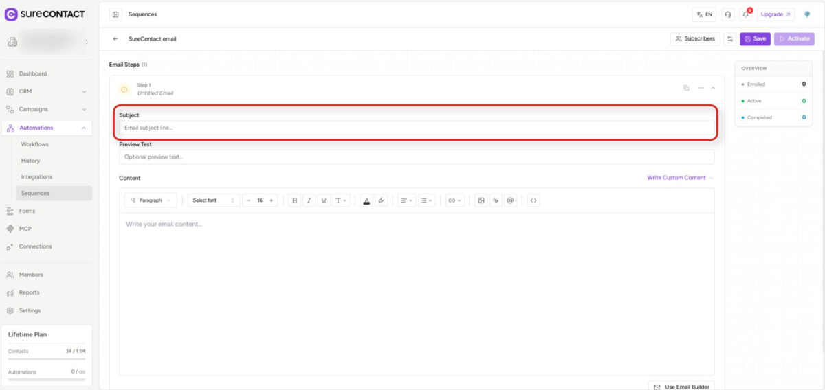 email sequence editor interface in surecontact web application