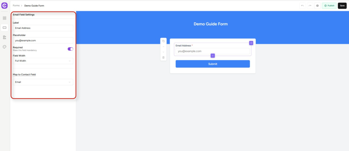 form builder interface with email field configuration