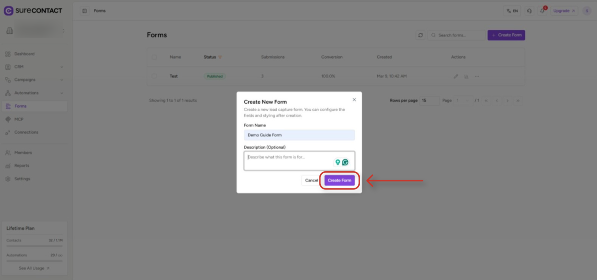 lead capture form creation interface in surecontact