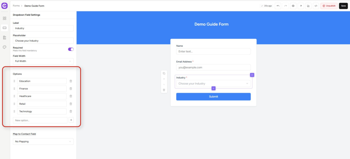 online form builder editor interface