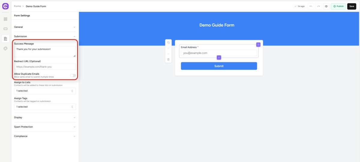 online form builder interface showing submission settings and layout preview