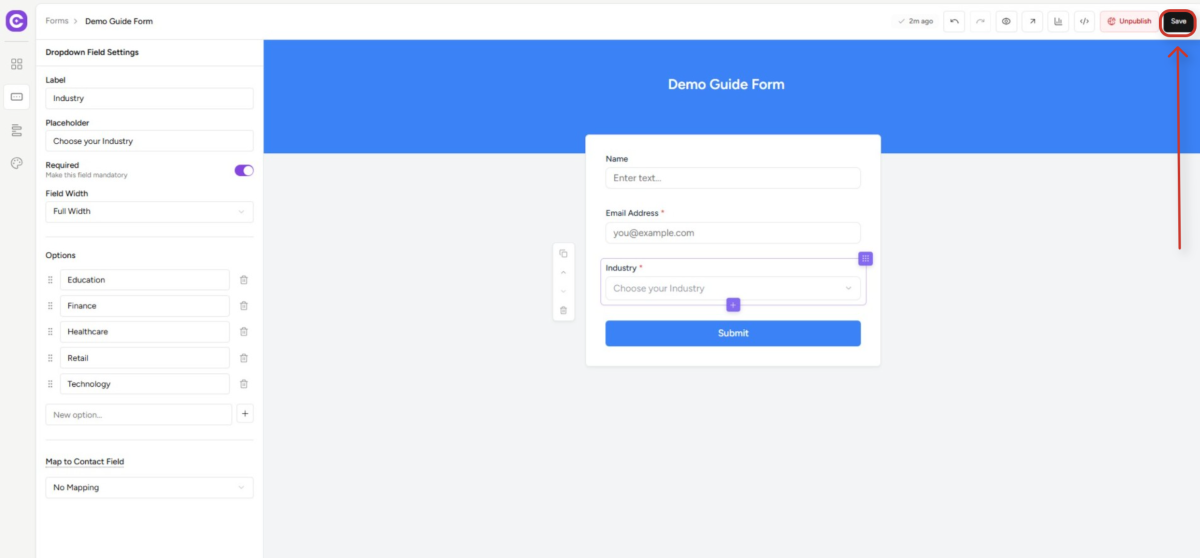 online form builder with dropdown field options
