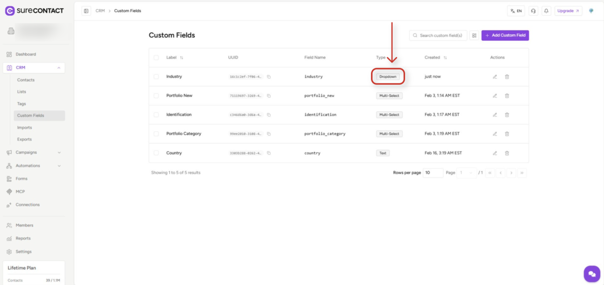 surecontact crm custom fields management interface
