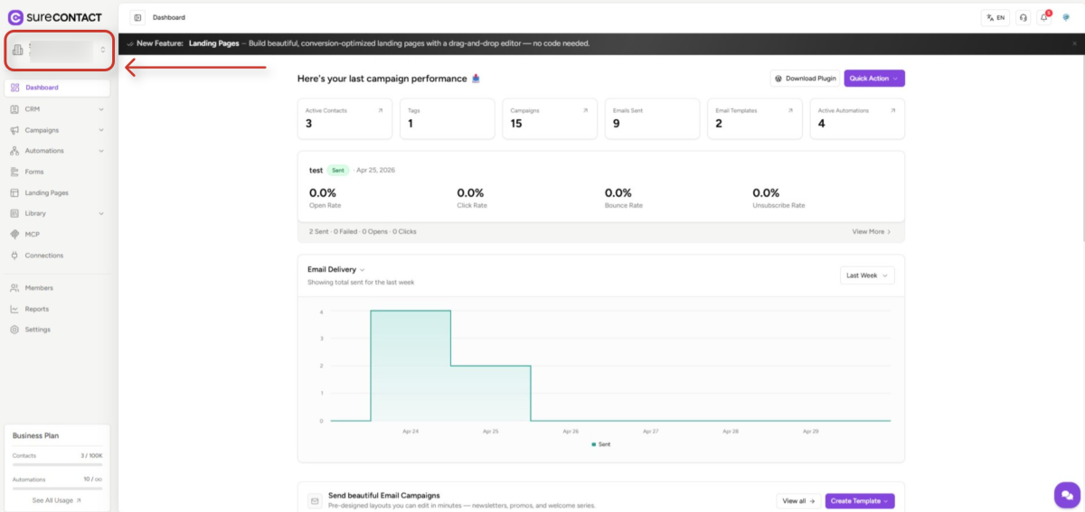 surecontact dashboard interface with marketing campaign metrics