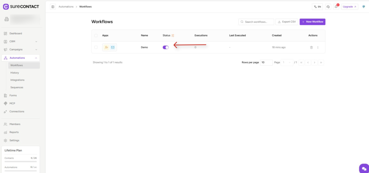 surecontact dashboard showing workflows section