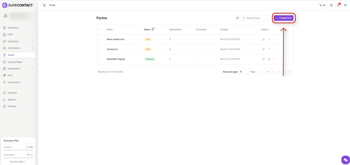 surecontact forms dashboard section