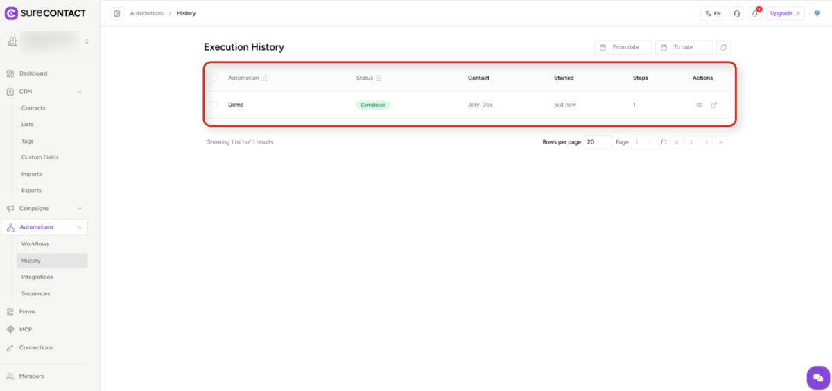 surecontact automations execution history dashboard
