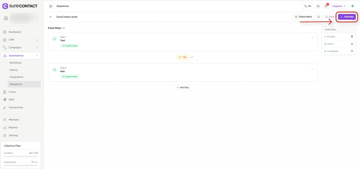 surecontact email automation sequences dashboard