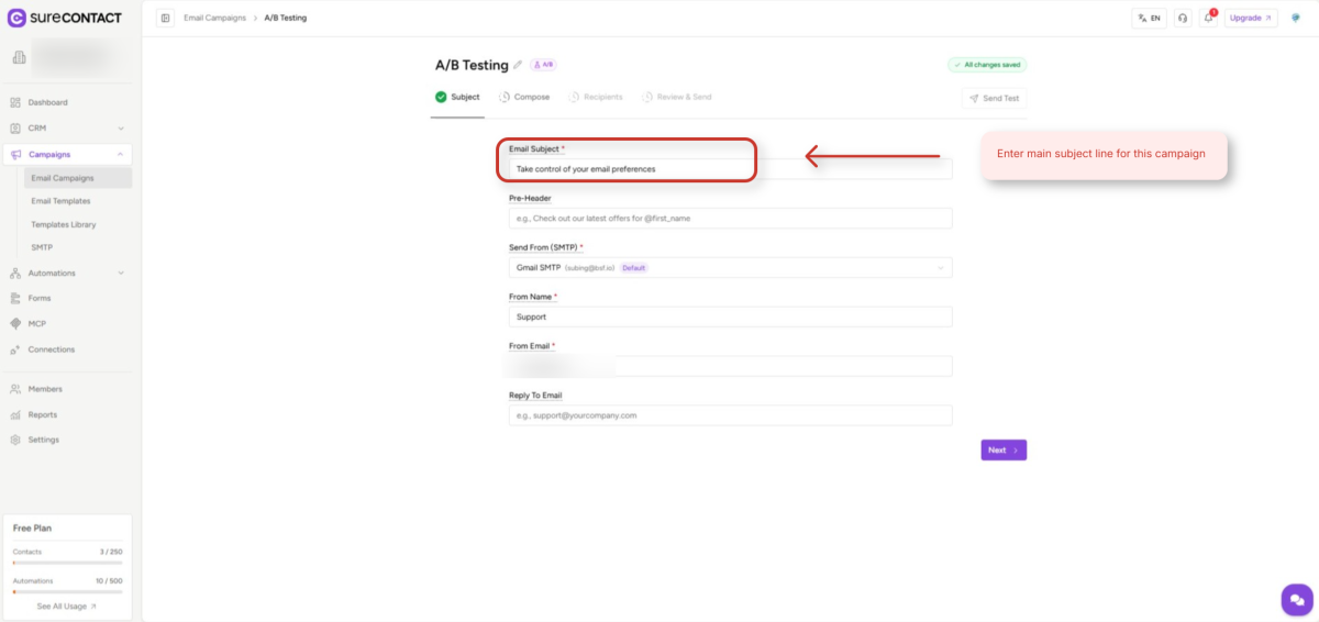 surecontact email campaign ab testing subject configuration