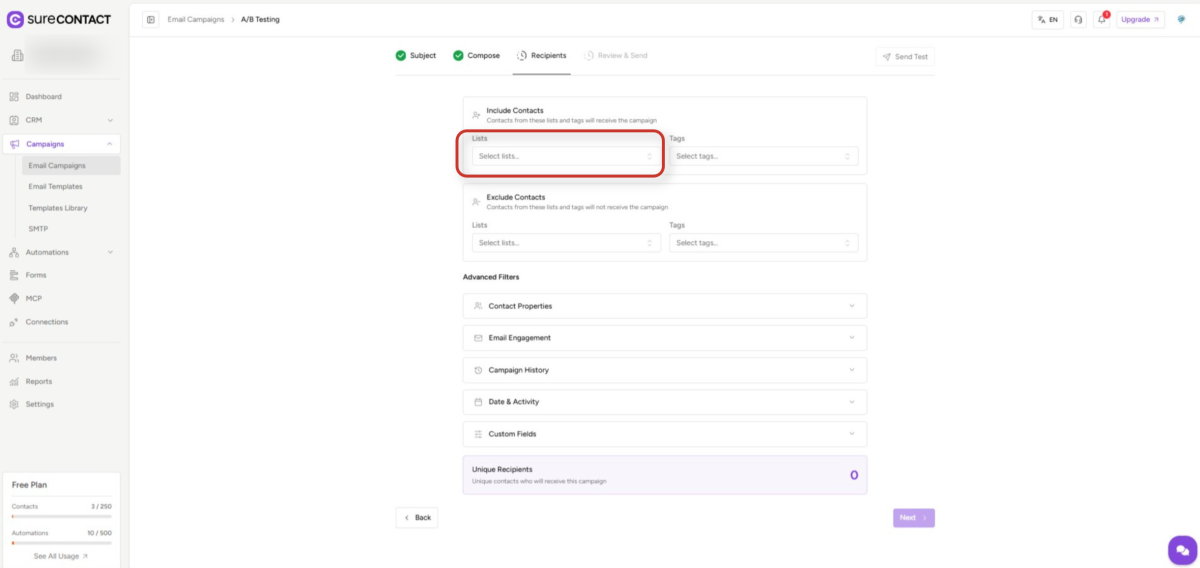 surecontact email campaign recipient configuration interface