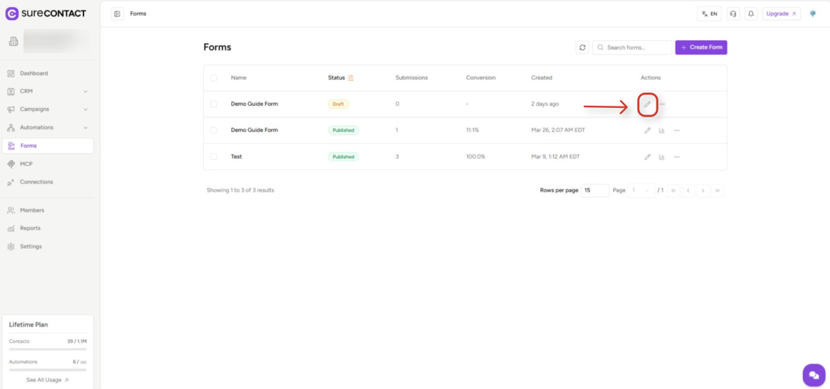 surecontact forms dashboard interface