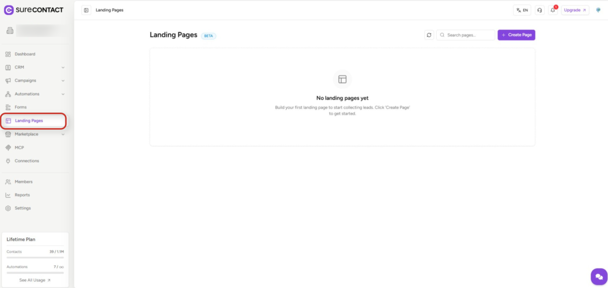 surecontact landing pages dashboard