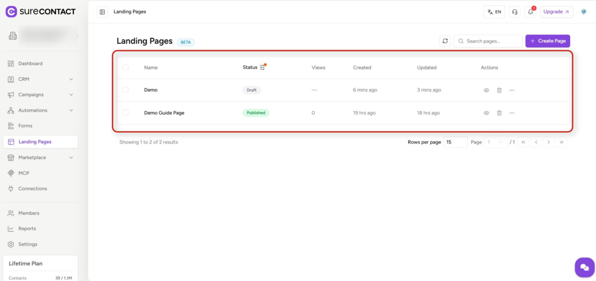 surecontact landing pages management interface