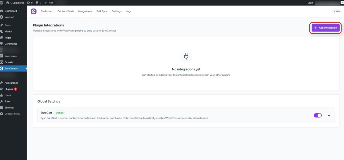 surecontact wordpress plugin integrations dashboard
