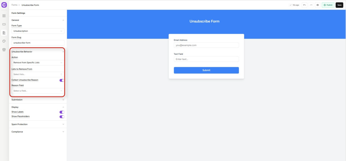 unsubscribe form builder interface