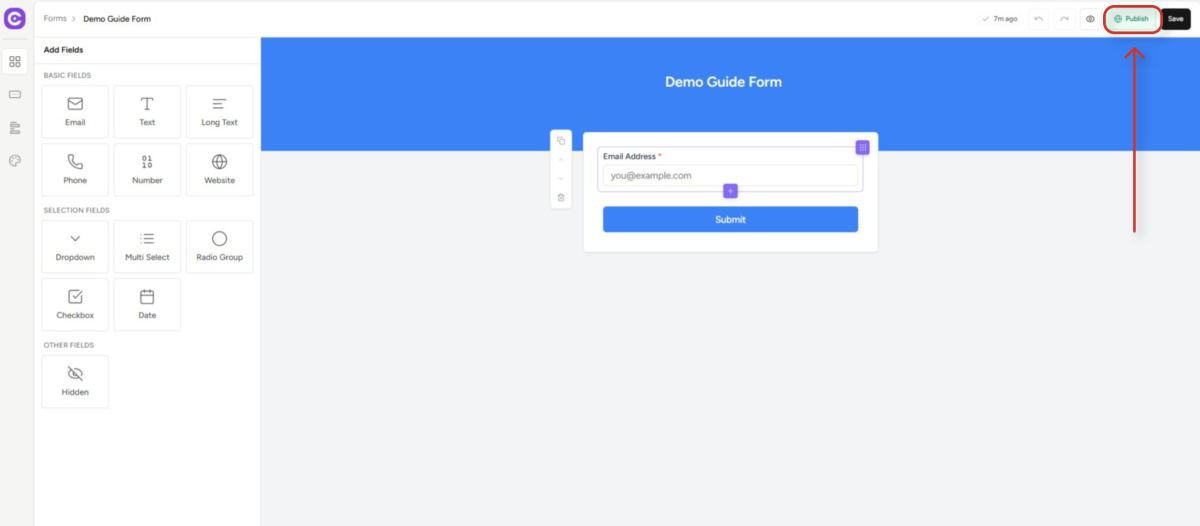 web application interface for building a form with an email field