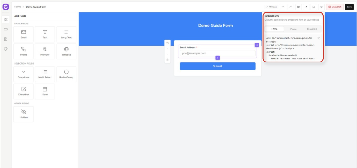web form builder interface with embed options