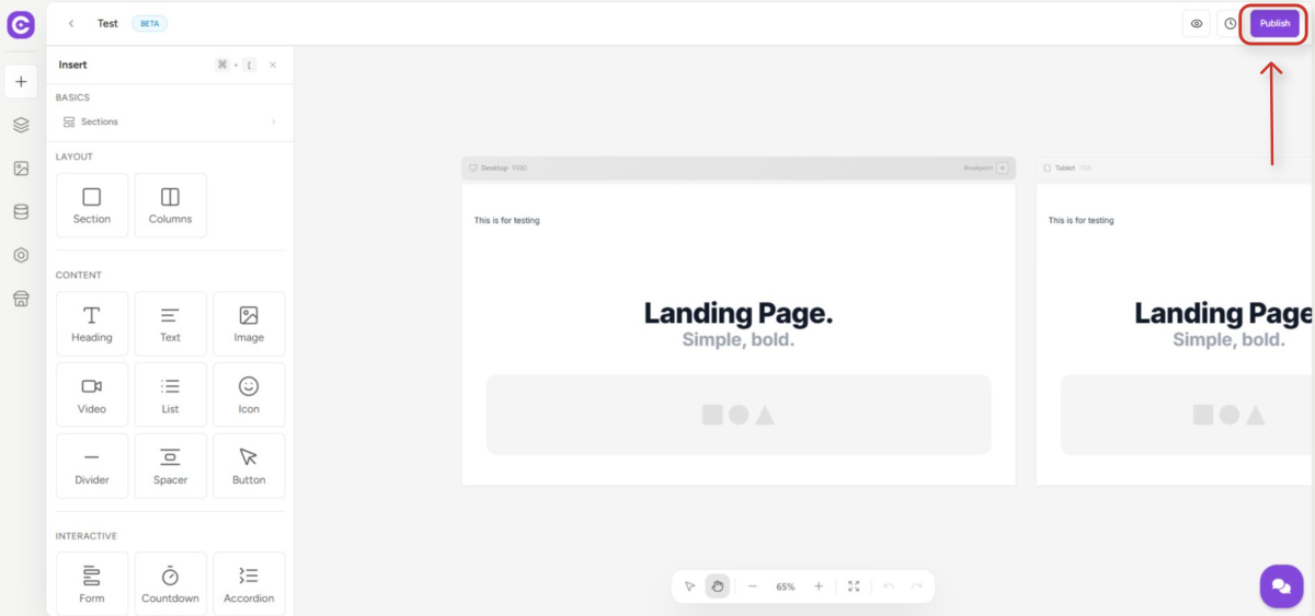 website builder interface for landing pages