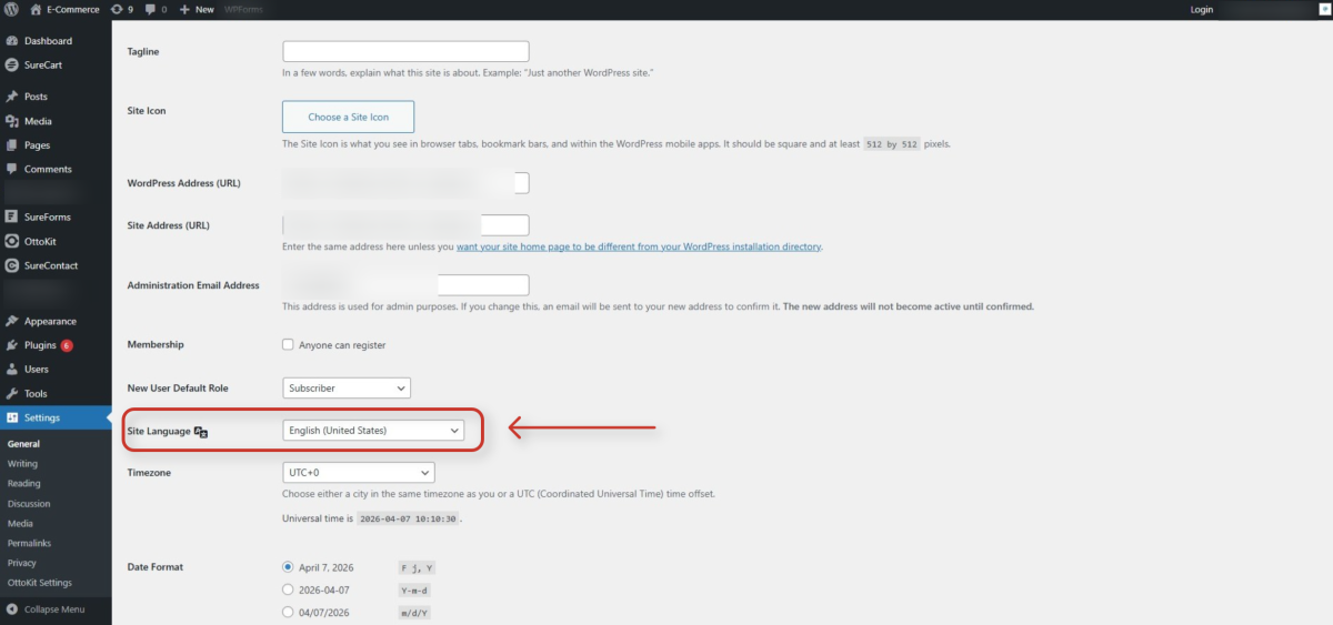 Multi Language Support(WordPress) wordpress general settings dashboard page