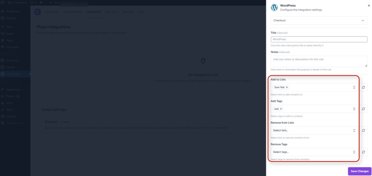 wordpress integration settings configuration in surecontact dashboard