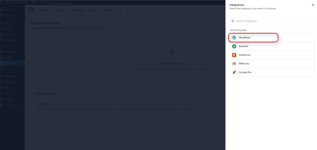 wordpress plugin integrations management screen