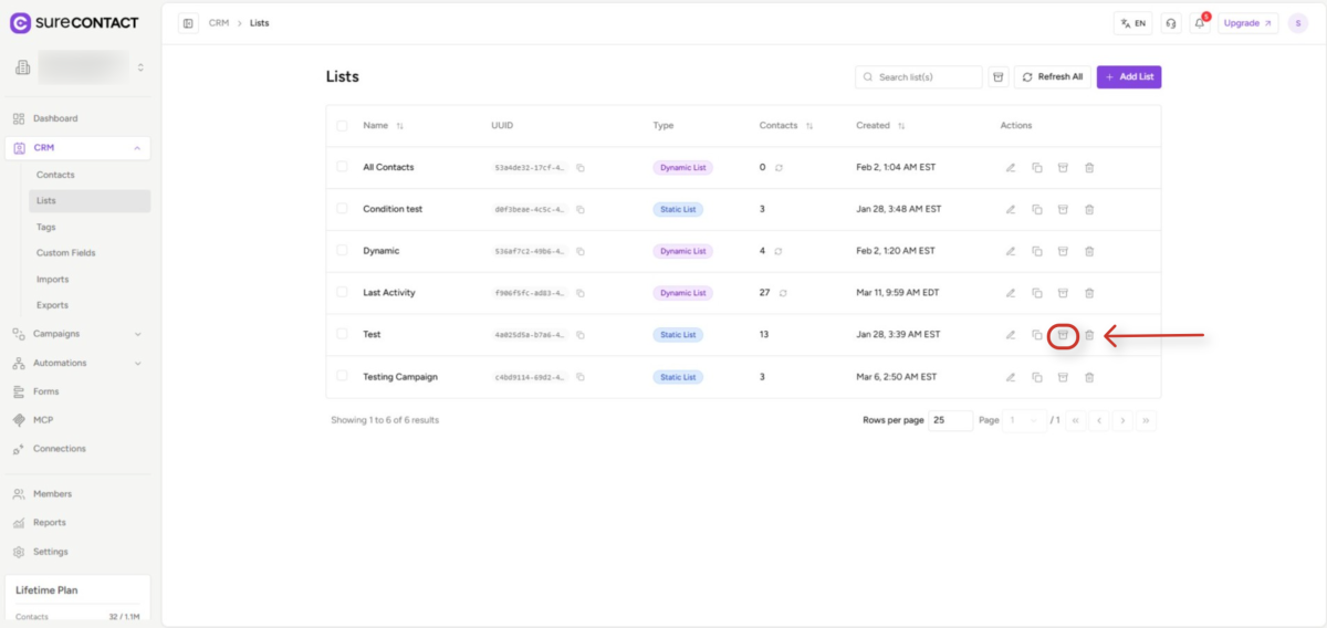surecontact crm lists dashboard