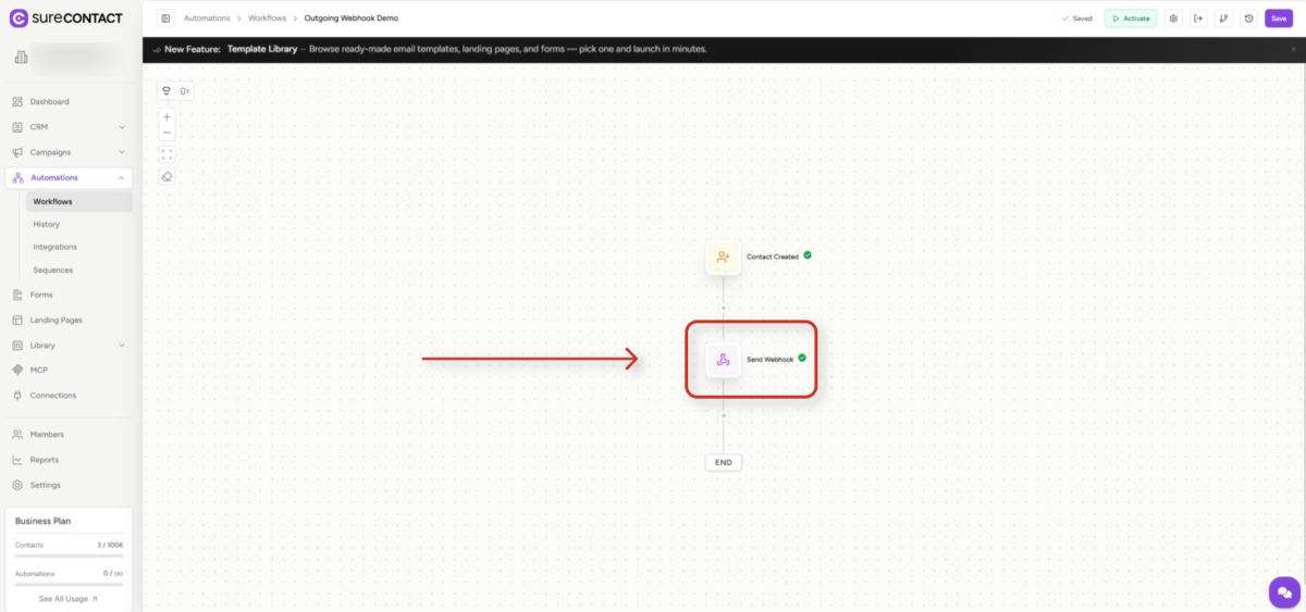 Outgoing Webhook SureContact Guide automation workflow builder interface for outgoing webhook demo