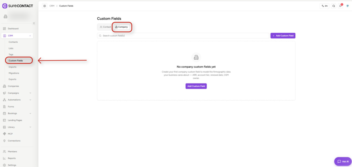 crm application custom fields management interface