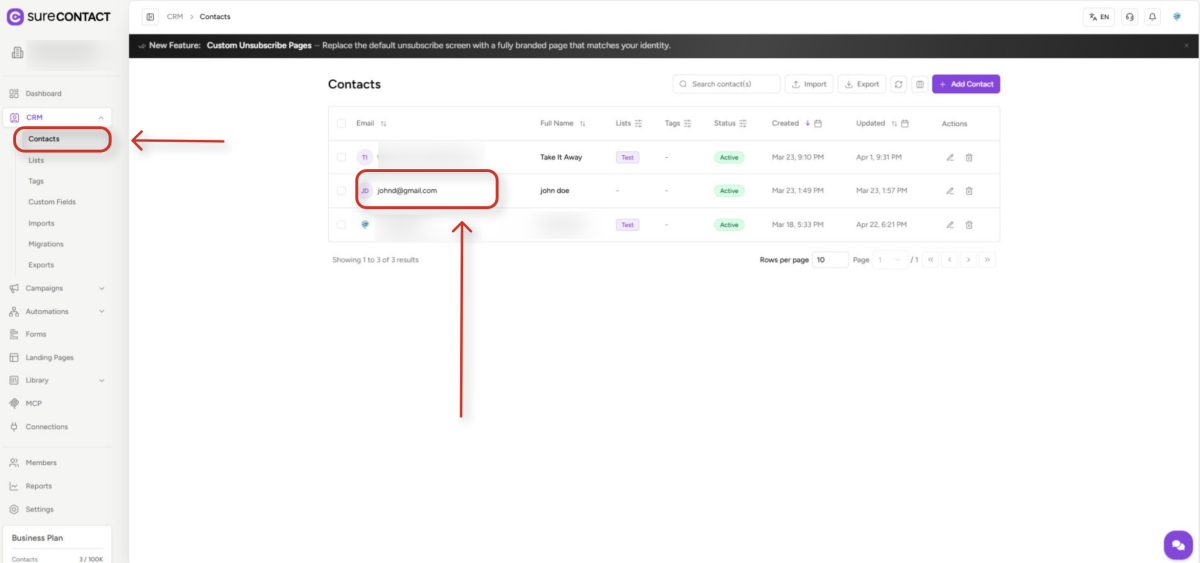 crm dashboard displaying contact list